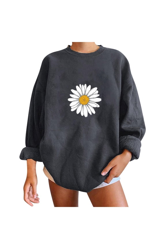 Women's Loose Fit Oversized Sweatshirt Fashion Daisy Flower Graphic Crewneck Long Sleeve Pullover Top Dark Gray