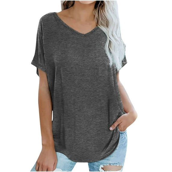WREESH Women's Loose Fit V-Neck T-Shirts Solid Color Short Sleeve Casual Tops Dark Gray