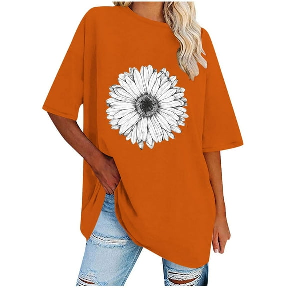WREESH Women's Loose Short Sleeve Crew Neck T-Shirt Oversized Graphic Summer Top Orange