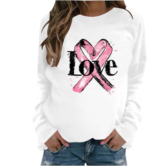 WREESH Women's Love Letter Pink Ribbon Graphic Sweatshirt Lightweight Breast Cancer Awareness Shirts Long Sleeve Pullover Tops White