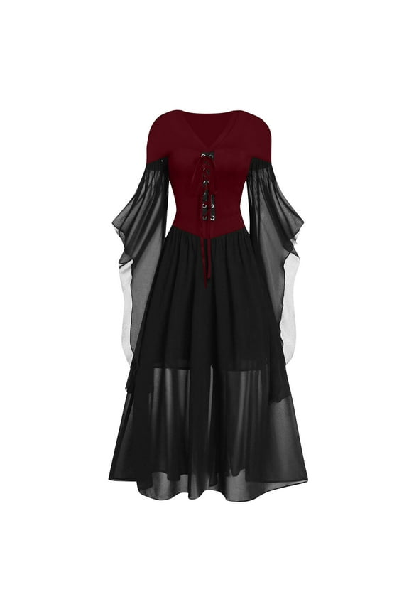 Women's Medieval Gothic Punk Swing Dress with Sleeves & Corset Detail, Square Neck Cocktail Party Clothes