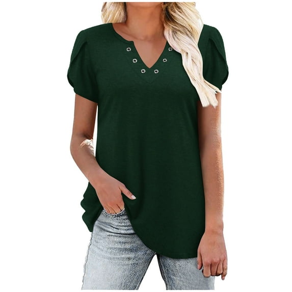 WREESH Women's Notch Neck Summer Blouse Petal Short Sleeve Casual Top in Solid Colors Olive Green