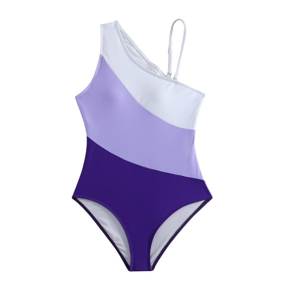 WREESH Women's Color Block One Piece Swimsuit - Asymmetrical One Shoulder Adjustable Strap Swimsuit Athletic Bathing Suit Purple