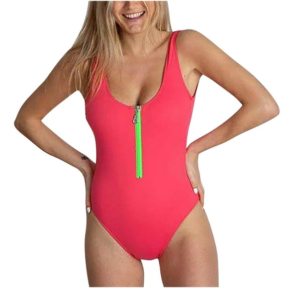 WREESH Women's Fashion Front Zipper Swimsuit - Low Back Color Block One Piece Bathing Suit Tummy Control High Cut Swimwear Hot Pink