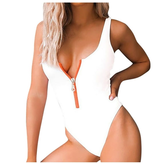 WREESH Women's Fashion Front Zipper Swimsuit - Low Back Color Block One Piece Bathing Suit Tummy Control High Cut Swimwear White