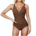thumbnail image 1 of WREESH Women's V Neck Crisscross One Piece Swimsuit - Push Up Tummy Control Ruched Slim Solid Color Bathing Suit Coffee, 1 of 6