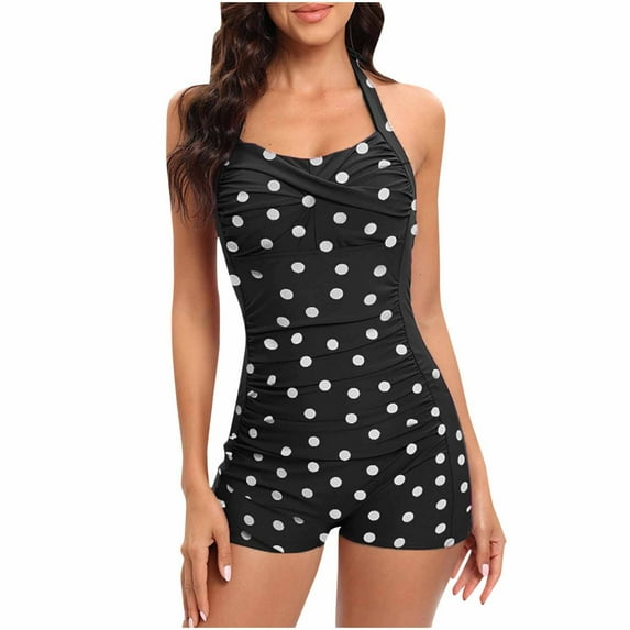 WREESH Women's Polka Dots Tummy Control One Piece Swimsuit Boyleg Shorts Retro Halter Bathing Suit High Waisted Swimwear 2025 Black