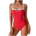 thumbnail image 1 of WREESH Women's Vintage Colorblock One Piece Swimsuit Notch V-Neck Contrast Trims Tummy Control Slim Beach Swimwear Red, 1 of 9