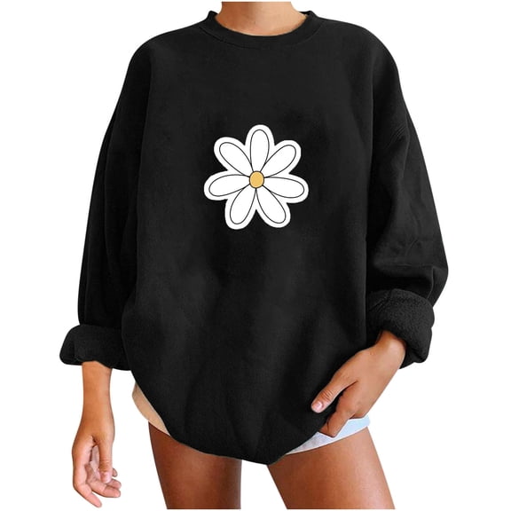 WREESH Women's Oversized Casual Sweatshirt Daisy Flower Graphic Sweatshirt Long Sleeve Round Neck Top Black