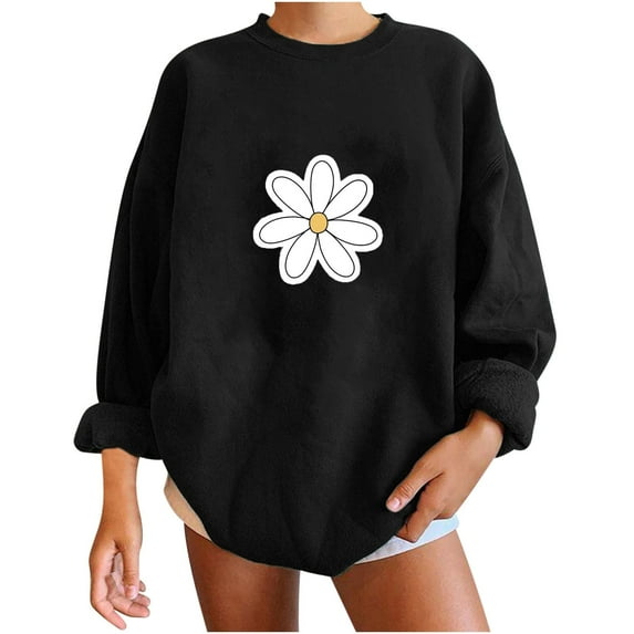 WREESH Women's Oversized Casual Sweatshirt Daisy Flower Graphic Sweatshirt Long Sleeve Round Neck Top Black