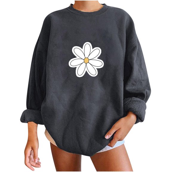 WREESH Women's Oversized Casual Sweatshirt Daisy Flower Graphic Sweatshirt Long Sleeve Round Neck Top Dark Gray