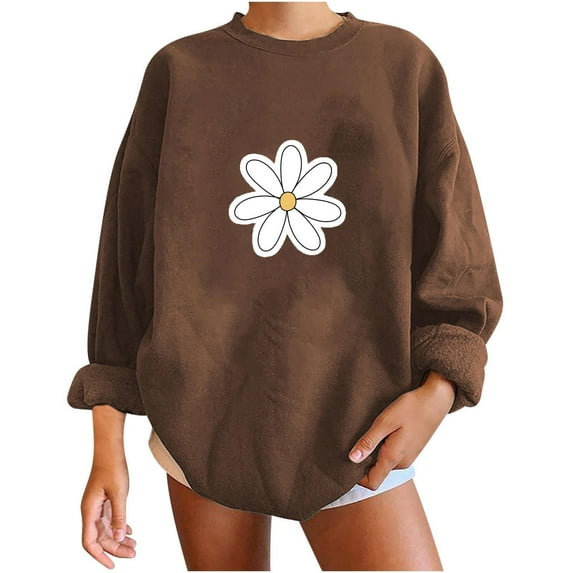 WREESH Women's Oversized Casual Sweatshirt Daisy Flower Graphic Sweatshirt Long Sleeve Round Neck Top Khaki