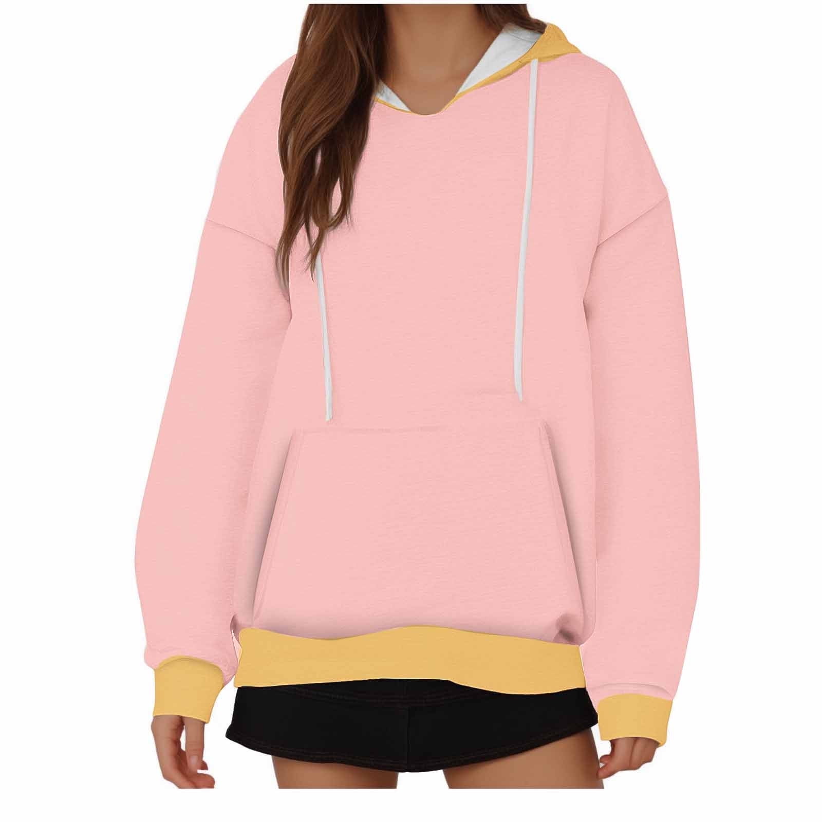 WREESH Women s Oversized Color Block Hoodie Casual Long Sleeve Drawstring Sweatshirt Hooded Pullover Top with Pocket Pink Walmart