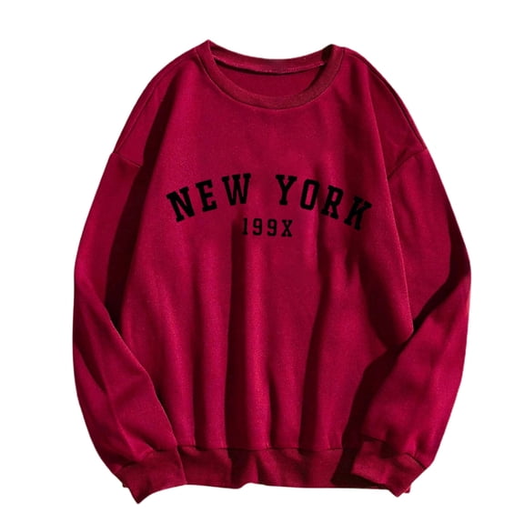 WREESH Women's Oversized Crewneck Sweatshirt Letter Printed Long Sleeve Loose Fit Soft Pullover Tops Red