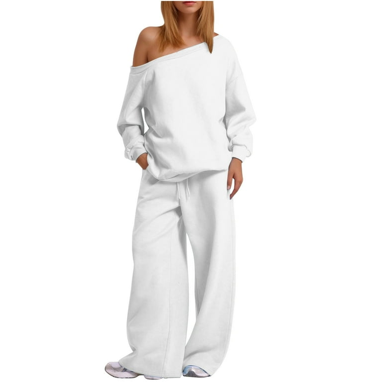 WREESH Women s Oversized Fall Lounge Sets Long Sleeve Off Shoulder Sweatshirt and Wide Leg Pants with Pockets White
