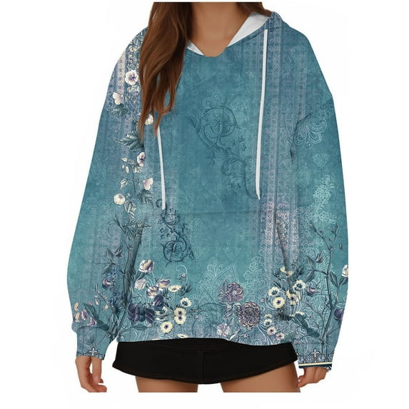 WREESH Women's Oversized Long Sleeve Hoodie Vintage Floral Printed Pullover Sweatshirt for Casual Wear Blue