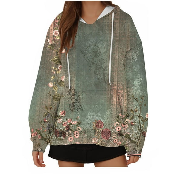 WREESH Women's Oversized Long Sleeve Hoodie Vintage Floral Printed Pullover Sweatshirt for Casual Wear Olive Green