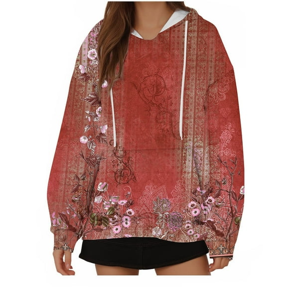 WREESH Women's Oversized Long Sleeve Hoodie Vintage Floral Printed Pullover Sweatshirt for Casual Wear Wine