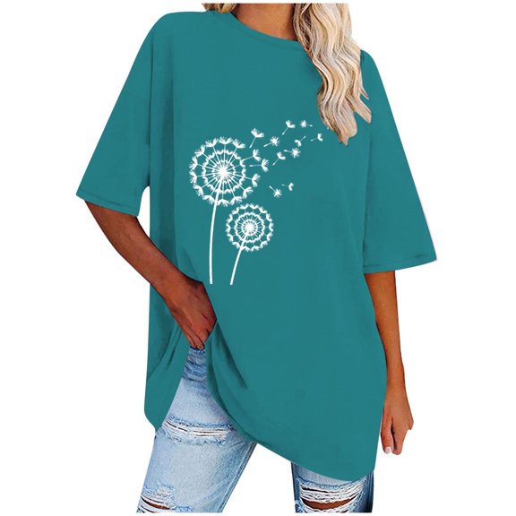 WREESH Women's Oversized Round-Neck T-Shirt Casual Printed Short Sleeve Top Blue