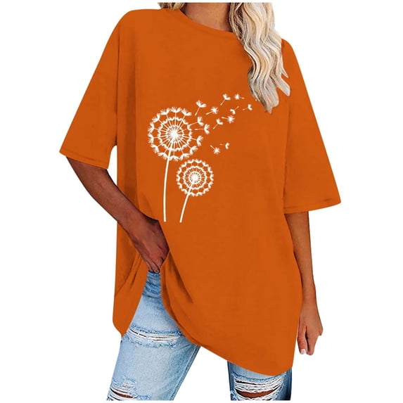 WREESH Women's Oversized Round-Neck T-Shirt Casual Printed Short Sleeve Top Orange