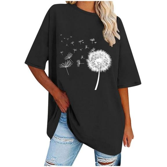 WREESH Women's Oversized Round-Neck T-Shirts Casual Loose Short Sleeve Printed Blouses Black