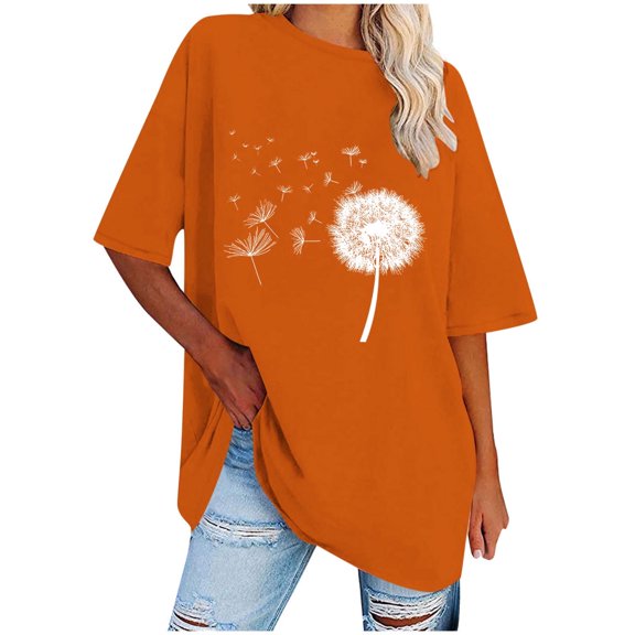 WREESH Women's Oversized Round-Neck T-Shirts Casual Loose Short Sleeve Printed Blouses Orange