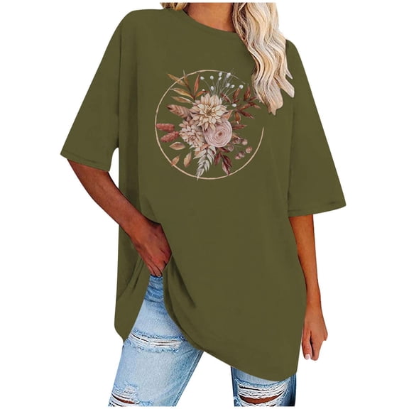 WREESH Women's Oversized Round-Neck T-Shirts Casual Printed Loose Short Sleeve Blouses Olive Green
