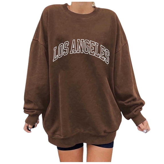 WREESH Women's Oversized Sweatshirt Trendy Letter Printed Long Sleeve Pullover Top Coffee