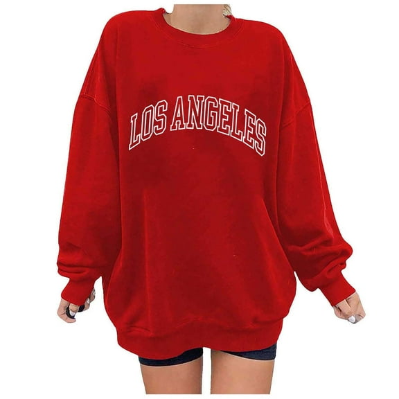 WREESH Women's Oversized Sweatshirt Trendy Letter Printed Long Sleeve Pullover Top Red