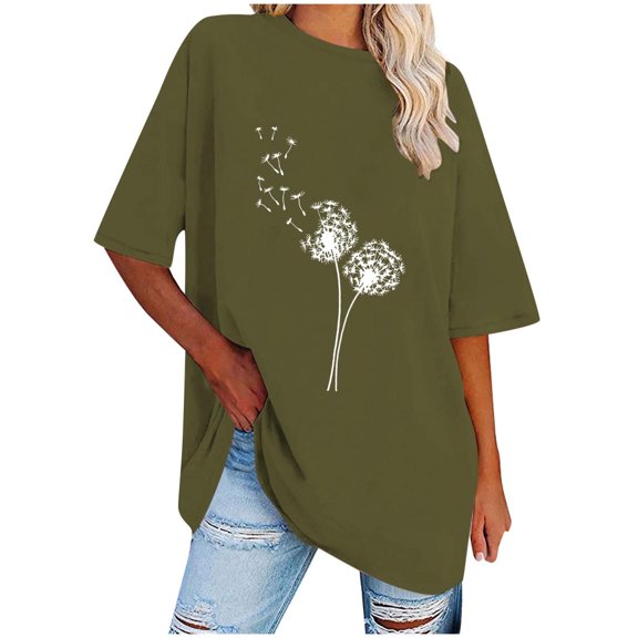 WREESH Women's Oversized T-Shirts Casual Round-Neck Printed Loose Short Sleeve Blouse Olive Green