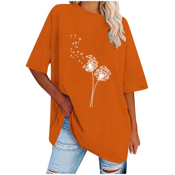 WREESH Women's Oversized T-Shirts Casual Round-Neck Printed Loose Short Sleeve Blouse Orange