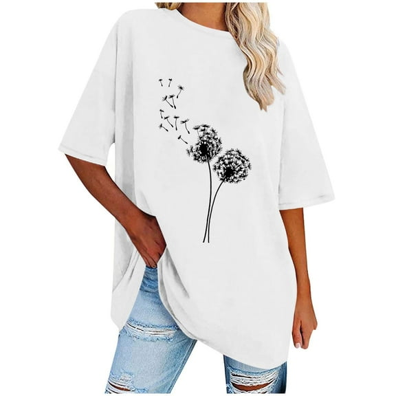 WREESH Women's Oversized T-Shirts Casual Round-Neck Printed Loose Short Sleeve Blouse White
