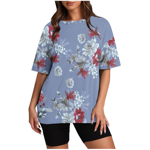 WREESH Women's Oversized T-Shirts with Floral Print Crew Neck Loose Short Sleeve Tops Blue