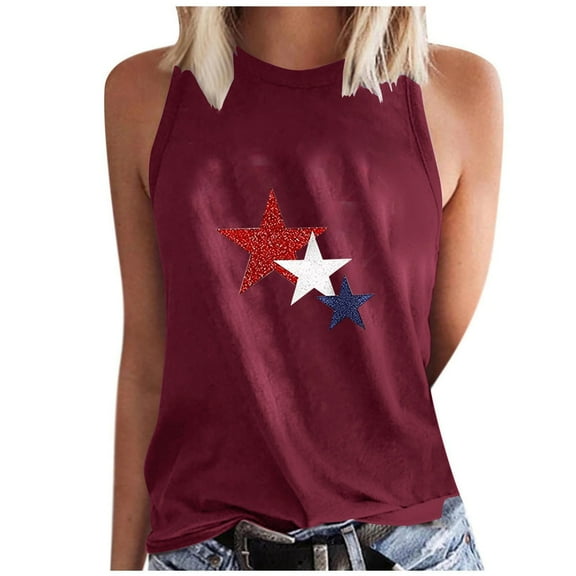 WREESH Women's Patriotic Round Neck Tank a Sleeveless Crewneck Tank Top with Graphic Prints and a Comfortable Design Red