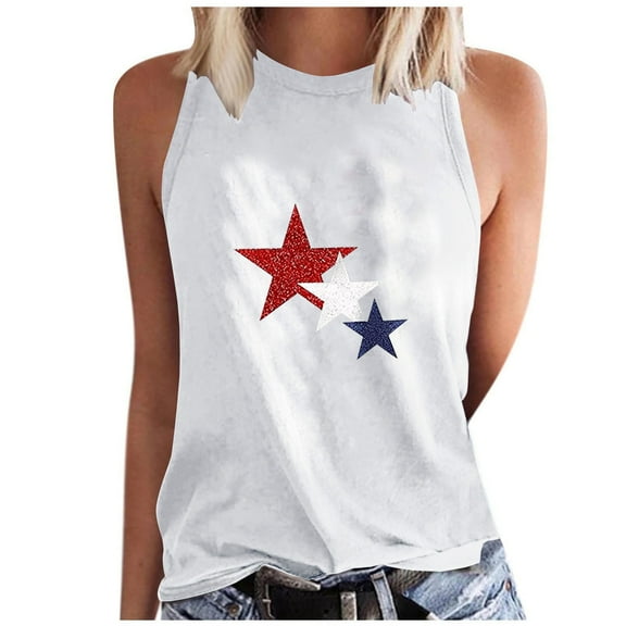 WREESH Women's Patriotic Round Neck Tank a Sleeveless Crewneck Tank Top with Graphic Prints and a Comfortable Design White
