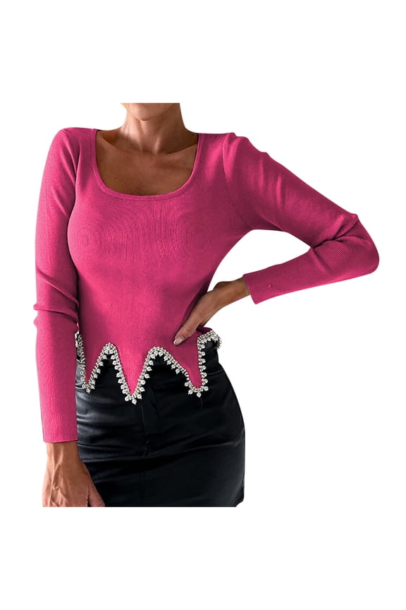 Women's Pearl Chain Crop Top with Square Neckline, Long Sleeve Shirt for Layering & Casual Outfits (Spliced Design)