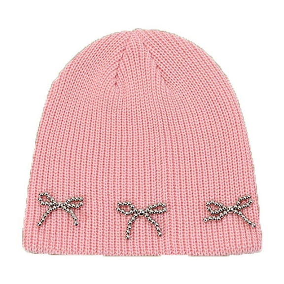 WREESH Women's Pearl Knitted Beanie Korean Fashion Versatile Ear Protection Wool Hat, Winter Warm Baotou Hat Pink