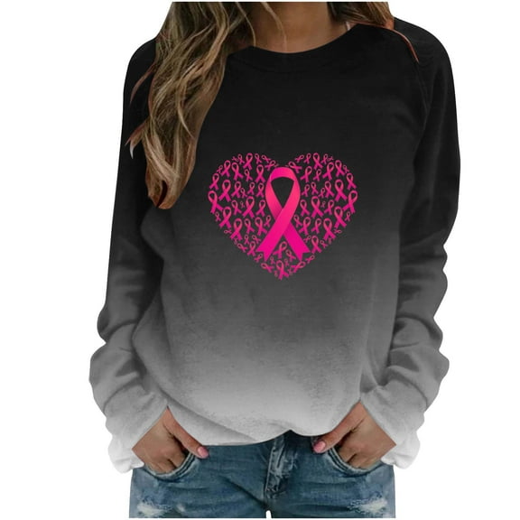WREESH Women's Pink Ribbon Heart Graphic Sweatshirt Fall Casual Crewneck Long Sleeve Cancer Awareness Top Black