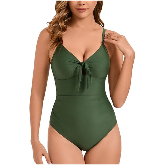 WREESH Women's V-Thong One Piece Swimsuit Tummy Control Ruched Bathing Suit Vacation Beachwear Slim Swimsuits 2025 Green