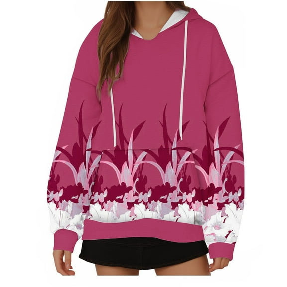 WREESH Women's Printed Oversized Hoodie Long Sleeve Casual Drawstring Sweatshirt Hooded Pullover Top with Pocket Hot Pink