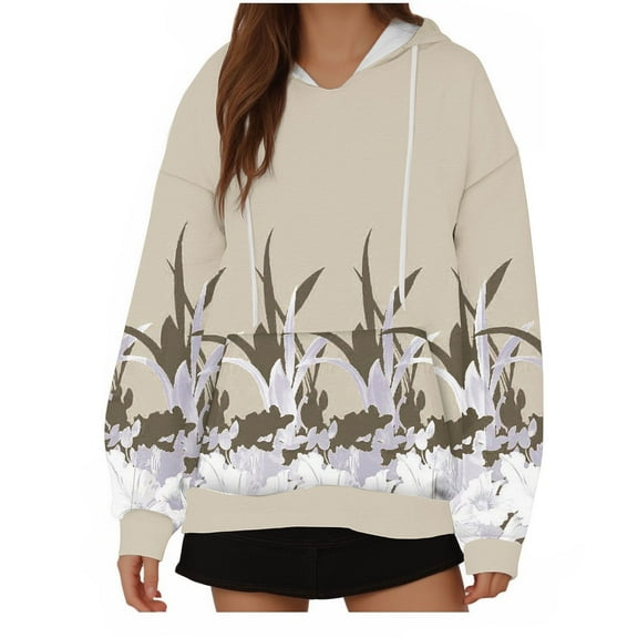 WREESH Women's Printed Oversized Hoodie Long Sleeve Casual Drawstring Sweatshirt Hooded Pullover Top with Pocket Khaki