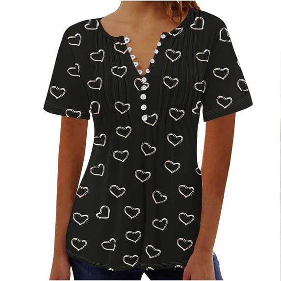 WREESH Women's Printed V-Neck Button Up Short Sleeve Top Graphic Prints Henley Shirt Black