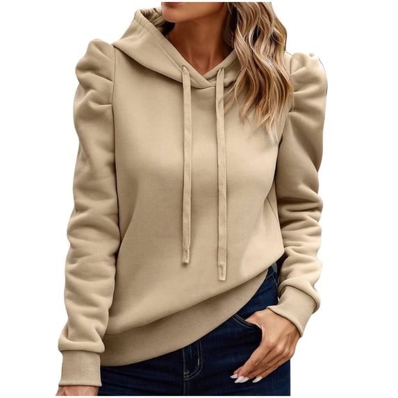 WREESH Women's Puff Long Sleeve Hoodies 2025 Fall Slim Fitting Casual Pullover Sweatshirt with Drawstring White