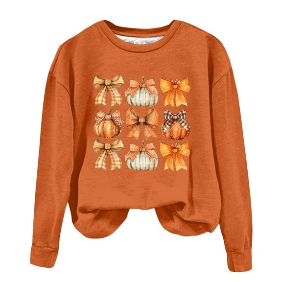 WREESH Thanksgiving Shirts Women's Pumpkin Bow Printed Graphic Crewneck Sweatshirts, Long Sleeve Pullover, Fall Fashion for Teen Girls 2025 Orange