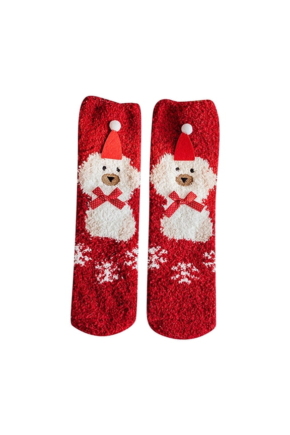 Women's Retro Christmas Printing Slipper Socks, Thickening Comfort Warm Fluff Floor Crew Socks Red