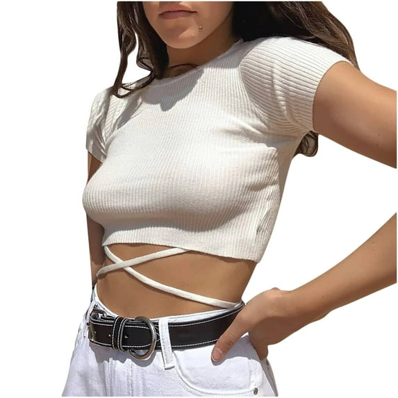 WREESH Women's Rib Knit Crop Tops Solid Color Round Neck Short Sleeve Casual Fashion Tops White