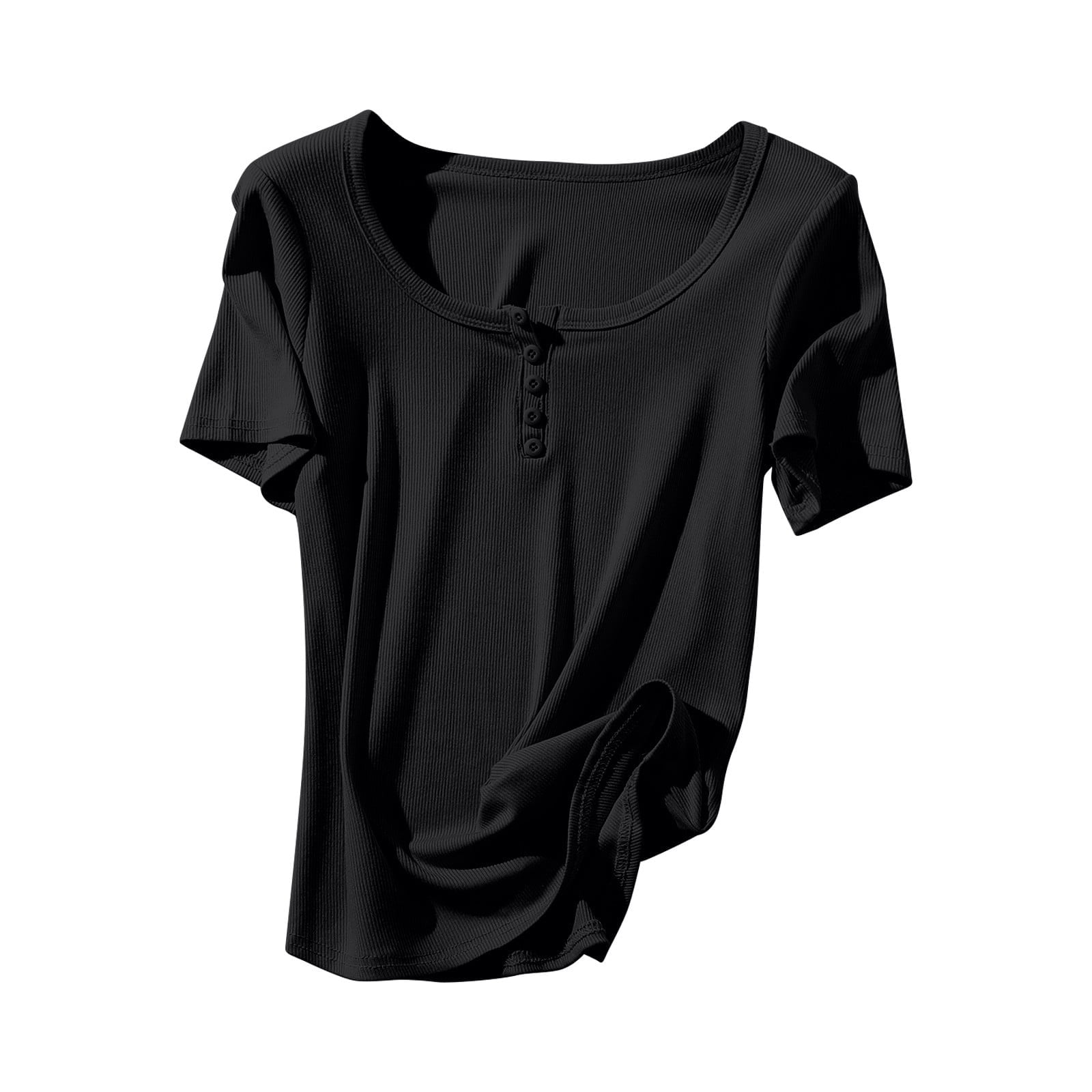 WREESH Women's Rib Knit Henley Crop Tops Solid Color Button Round