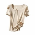 thumbnail image 1 of WREESH Women's Rib Knit Henley Crop Tops Solid Color Button Round Neck Short Sleeved T-Shirts Khaki, 1 of 9