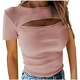 thumbnail image 1 of WREESH Women's Ribbed Knit Crop Top Solid Color with Cutout Neckline and Short Sleeves Pink, 1 of 5