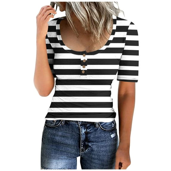 WREESH Women's Ribbed Knit Henley Crop Top Short Sleeve Round-Neck Striped Printed T-Shirt Fashion Casual Top Black